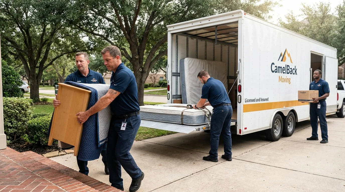 Crew loading residential truck for cross-state move from Hinckley, IL