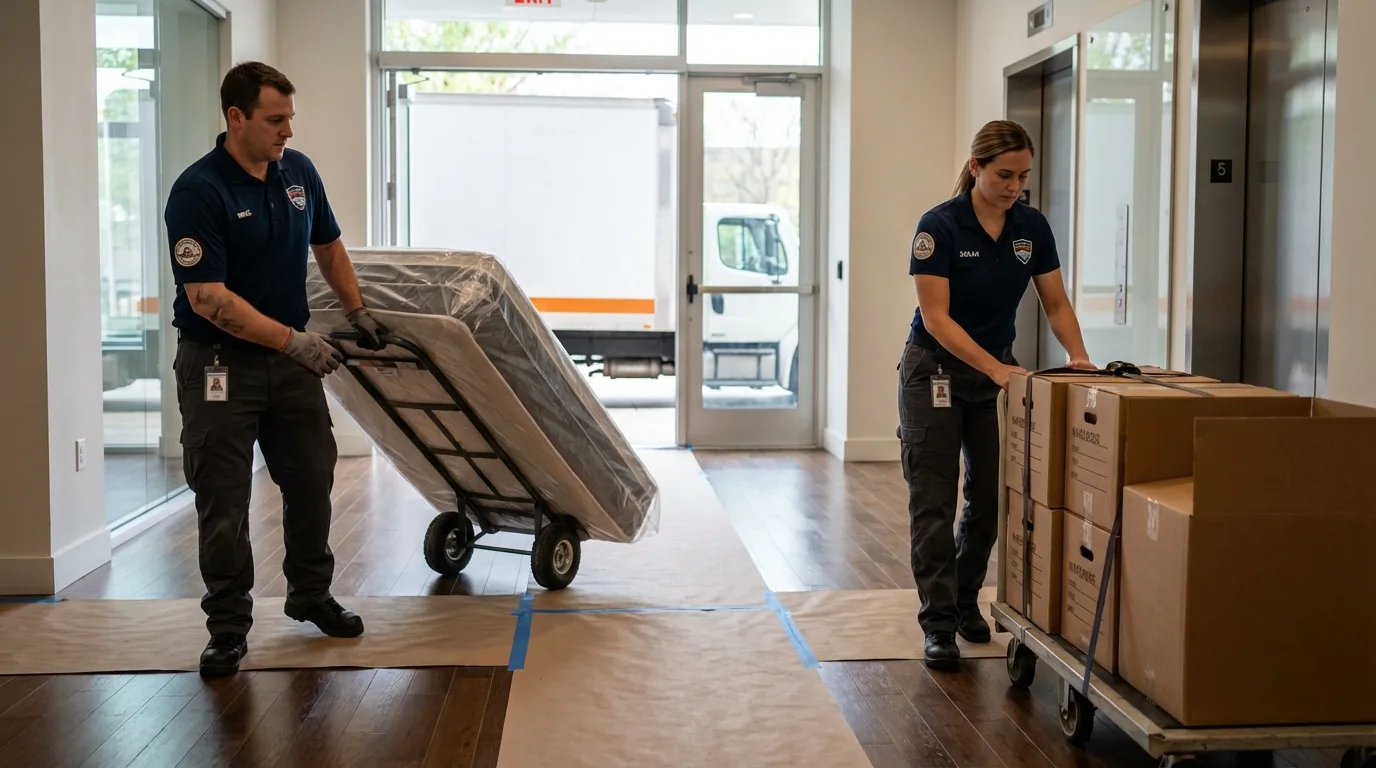 Professional apartment movers loading elevator in Hinckley, IL