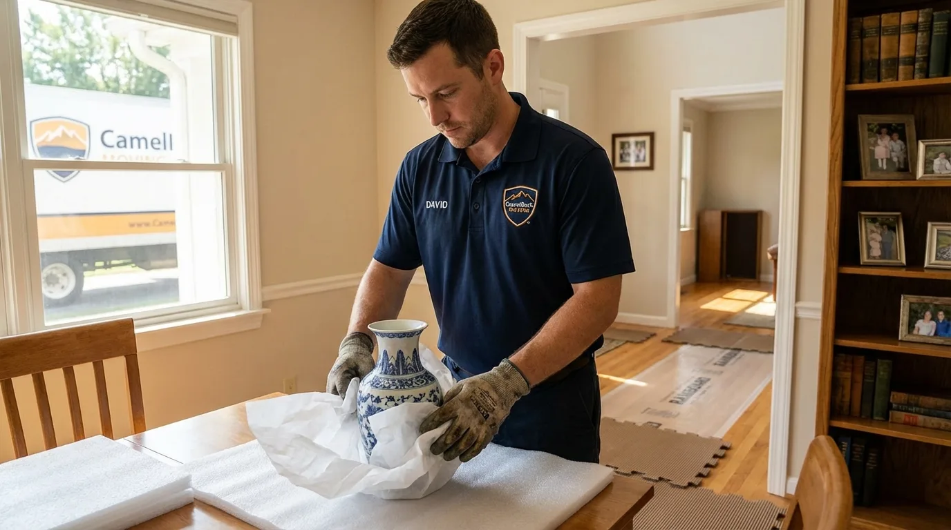 Professional crew carefully wrapping antique vase for senior downsizing move in Hinckley, IL